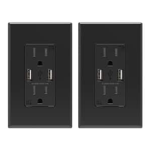 4 Amp USB Dual Type A In-Wall Charger with 15 Amp Duplex Tamper Resistant Outlet, Wall Plate Included, Black (2-Pack)