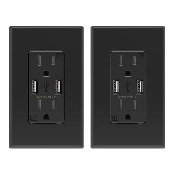 ELEGRP 4 Amp USB Dual Type A In-Wall Charger with 15 Amp Duplex Tamper Resistant Outlet, Wall Plate Included, Black (2-Pack)