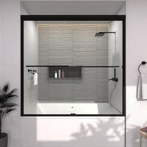 60 in. W. x 56 in. H Sliding Semi Frameless Tub Door in Matte Black Finish with Clear Glass