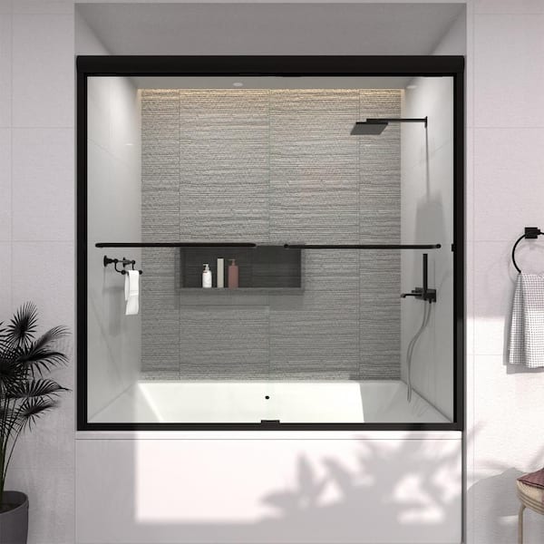 60 in. W. x 56 in. H Sliding Semi Frameless Tub Door in Matte Black Finish with Clear Glass