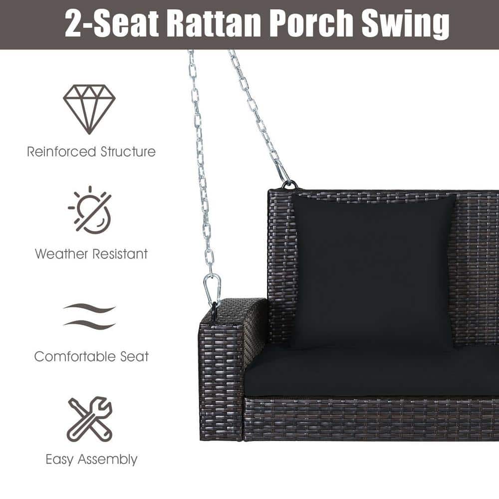Black Wicker 2-Person Patio Swing with Cushions