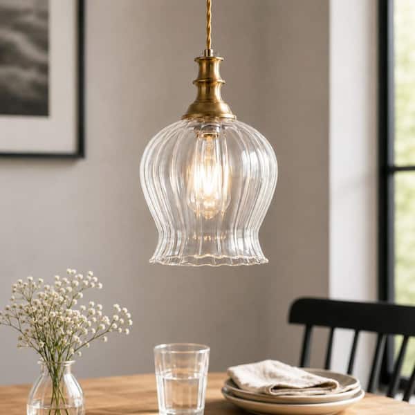 1-Light Clear Ribbed Glass Pendant Lights for Kitchen Island with Antique Brass Finish Over Kitchen Sink Lights Fixture