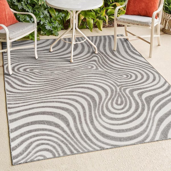 Maribo High-Low Abstract Groovy Striped Gray/Ivory 8 ft. x 10 ft. Indoor/Outdoor Area Rug