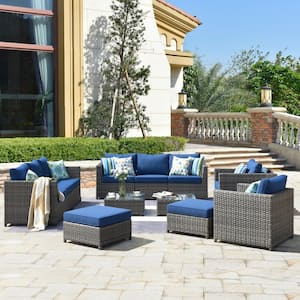 Ontario Lake Gray 12-Piece Wicker Outdoor Patio Conversation Seating Set with Navy Blue Cushions