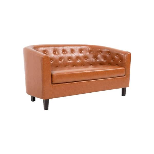 MAYKOOSH 49 in. Caramel Button Tufted Faux Leather Barrel Loveseat, Midcentury Modern 2-Seater Sofa Couch