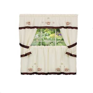 Cuppa Joe Brown Polyester Light Filtering Rod Pocket Embellished Cottage Curtain Set 58 in. W x 24 in. L