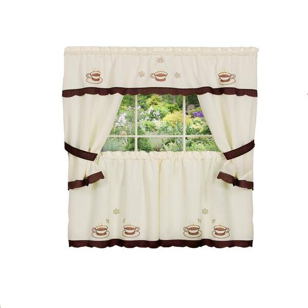 ACHIM Cuppa Joe Brown Polyester Light Filtering Rod Pocket Embellished Cottage Curtain Set 58 in. W x 24 in. L