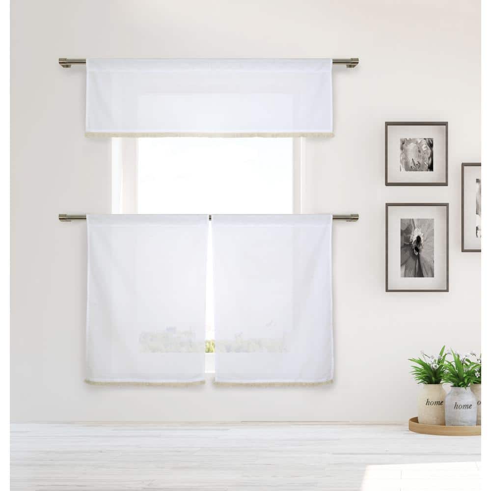 Tessie White-Natural Cotton LightFiltering Rod Pocket Kitchen Curtain & Ti