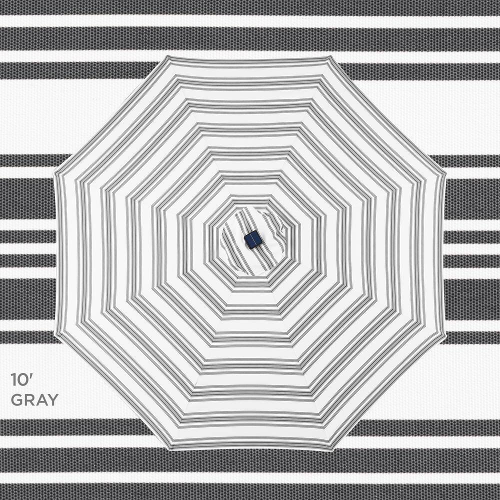 10ft Striped Gray Market Umbrella with Solar LED Lights and Metal Pole