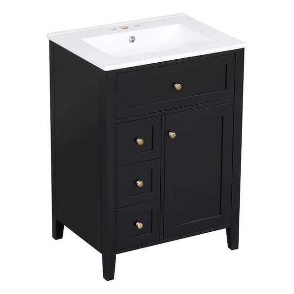 NURVIA 24 in. Single Sink Freestanding Black Bath Vanity with White Ceramic Top Unassembled