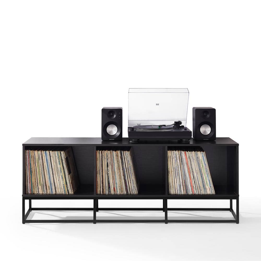 Black Steel Minimalist Media Console with Vinyl Storage