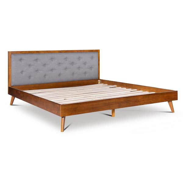 Linon Home Decor Ames Mid Century Walnut Brown Wood Frame King Platform Bed with Gray Tufted Headboard