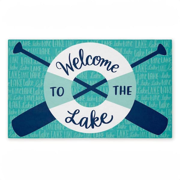 Welcome Lake Float and Paddles Green 18 in. x 30 in. Polyester Non-Slip Outdoor Door Mat