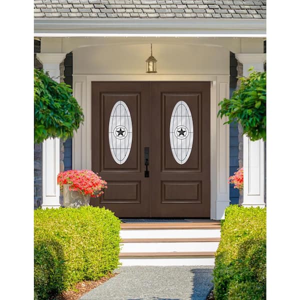 Regency 72 in. x 80 in. 3/4L Oval Alamo Glass RHOS Hickory Fiberglass Double Prehung Front Door with 4-9/16 Jamb