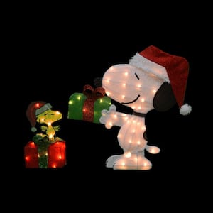 26 in. 2D Pre-Lit Yard Art Animated Snoopy and Woodstock on Gift