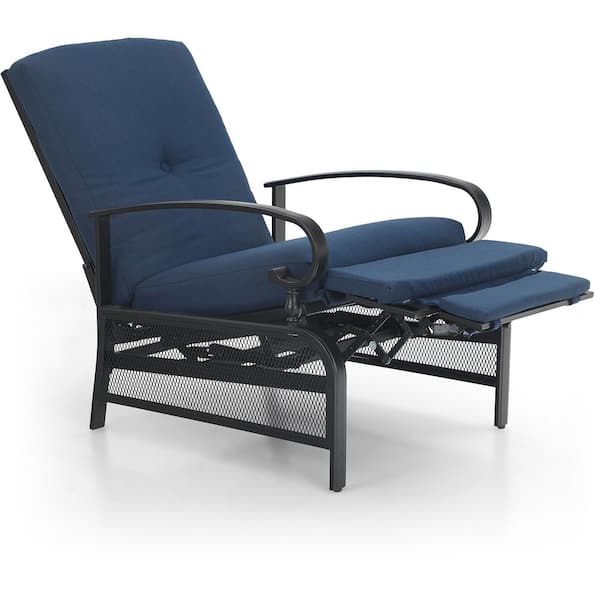 Phi Villa Adjustable Black Metal Outdoor Recliner with Blue Cushions