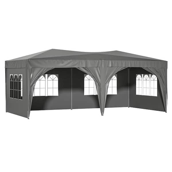 Unbranded 10 ft. x 20 ft. Gray Pop-Up Outdoor Portable Party Folding Tent with 6 Removable Sidewalls, carry Bag, 6 Weight Bags