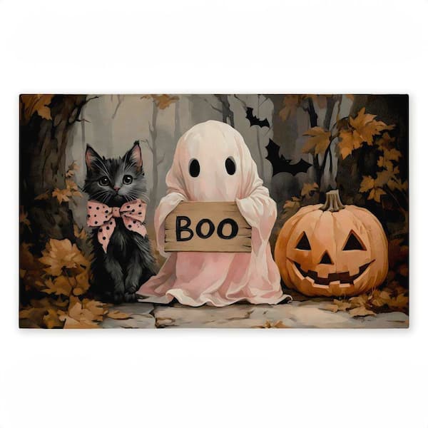 Cute Halloween Ghost and Kitten Orange 18 in. x 30 in. Polyester Non-Slip Outdoor Door Mat