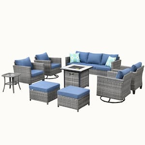 Mars Gray 9-Piece 7-People Wicker Patio Conversation Fire Pit Sofa Set with Denim Blue Cushion and Swivel Rocking Chairs