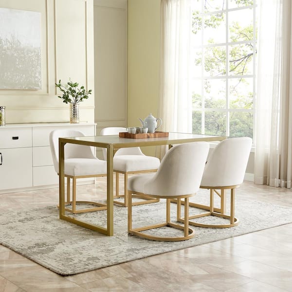 Barrelback Dining Chair with White Linen Seat and Gold Metal Base, Set of 2