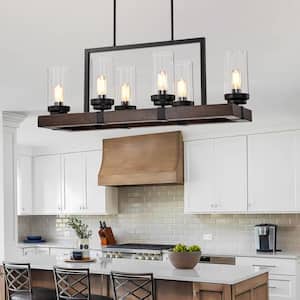 6-Light Walnut Rectangular Farmhouse Chandelier Fixture for Kitchen Island Dining Room with Solid Wood Frame