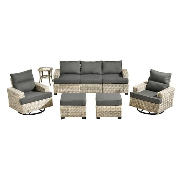 Kelleys 8-Piece Wicker Modern Outdoor Patio Conversation Sofa Set with Swivel Chairs and Black Cushions
