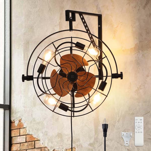 ANTOINE 20 in. Indoor 6 Speed Wall Mounted Fan with Remote Plug-in Black Farmhouse Caged Ceiling Fan with Light Wood Grain Blade