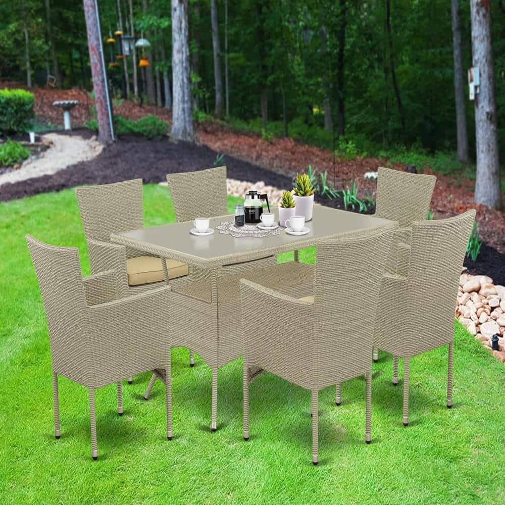 7-Piece Natural Oak Finish Solid Wood Top Dining Table with 6 Chairs with Lattice Back price history on PriceWatchPro
