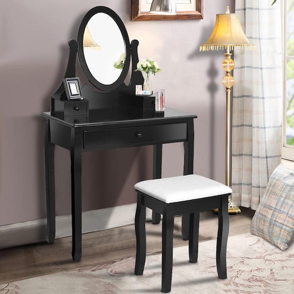 31.5 in. W x 16 in. D x 54 in. H Bedroom Wooden Mirrored Makeup Vanity Set Stool Table Set Black