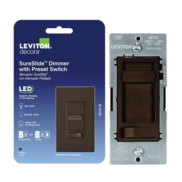SureSlide LED Advanced Dimmer Switch for LED and Incandescent Bulbs, 150-Watt Single Pole or 3-Way, Brown 66741-00B
