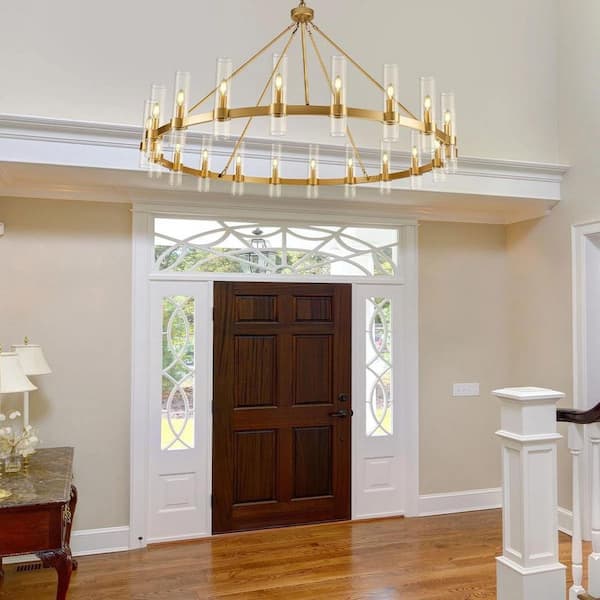 20 Lights 60 in. Dimmable Wagon Wheel Gold Chandelier with Glass Shade for Living Room, Dining Room, Bedroom and Foyer