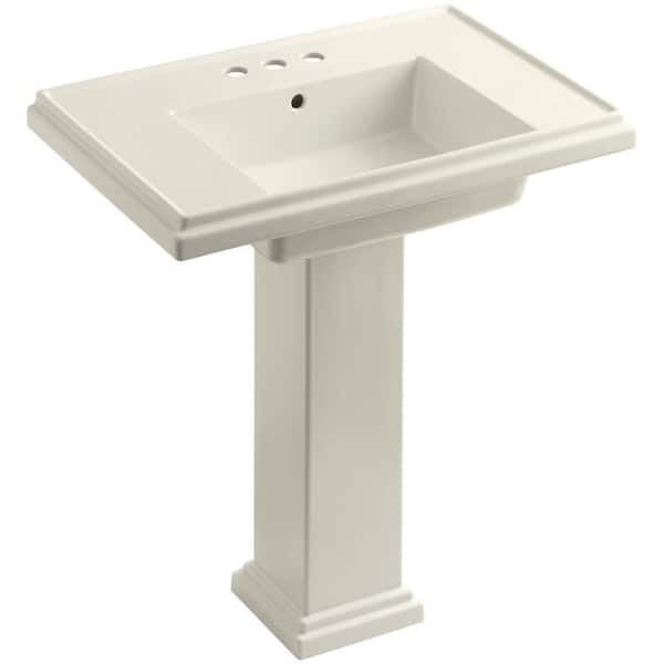 KOHLER Tresham Ceramic Pedestal Combo Bathroom Sink with 4 in. Centers in Biscuit with Overflow Drain