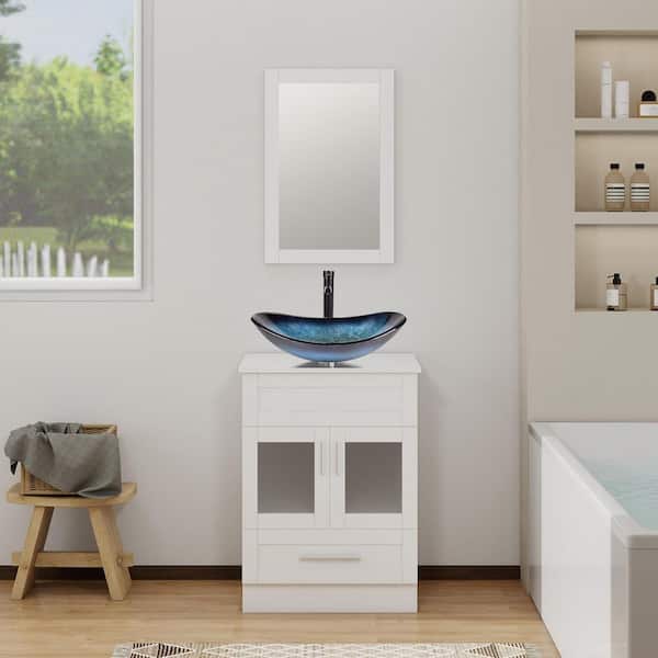 24 in. W x 19 in. D x 33 in. H Single Sink White Bath Vanity with Blue Solid Surface Top Sink and Mirror