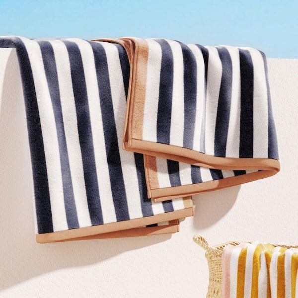 Stone Blue / Clay 100% Cotton Stripe Border 2-Pack Oversized Beach and Pool Towels