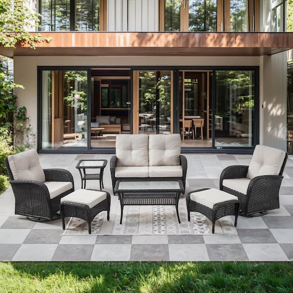 Black 7-Piece Wicker Patio Conversation Set with Swivel Rockers, Outdoor Glider Seating Set with Beige Cushions