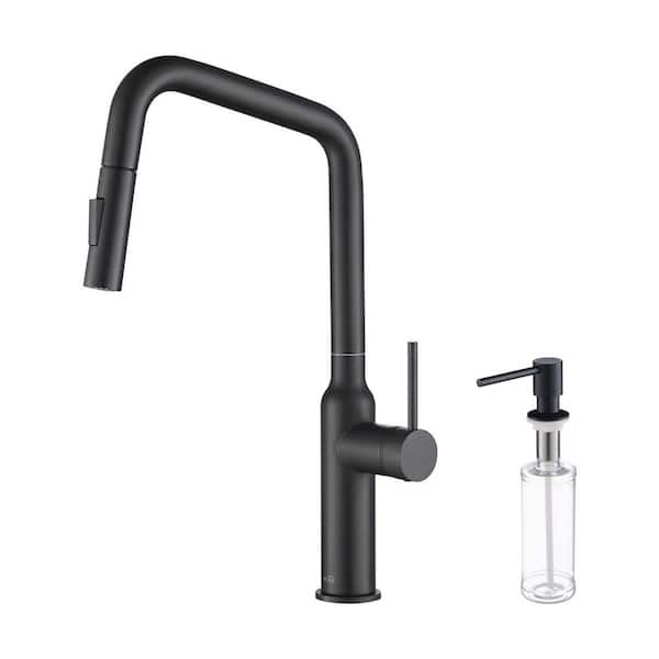 KIBI 17 in.H Single Hole 1.8 GPM Pull Down Sprayer Kitchen Faucet with 360° Spout Swivel, Soap Dispenser in Matte Black