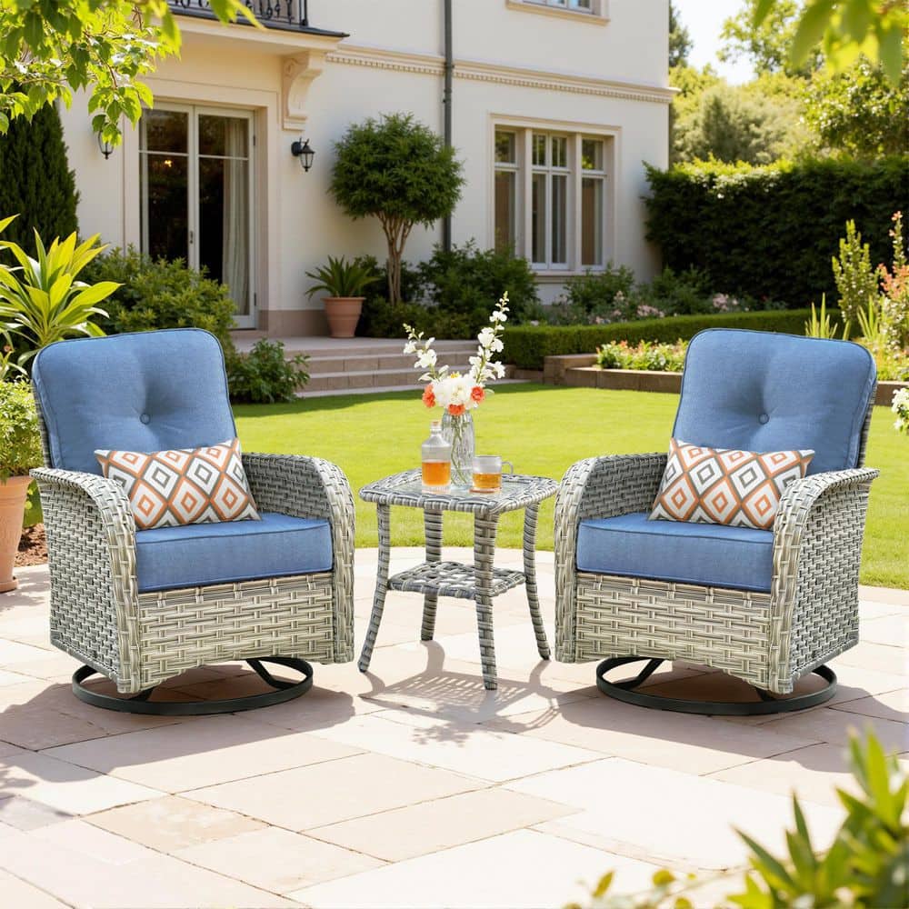Vineny Gray 3-Piece Wicker Patio Conversation Set with Denim Blue Cushions and Swivel Chairs price history on PriceWatchPro