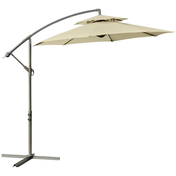 Otryad 9' 2-Tier Cantilever Umbrella with Crank Handle, Cross Base and 8 Ribs, Garden Patio Offset Umbrella
