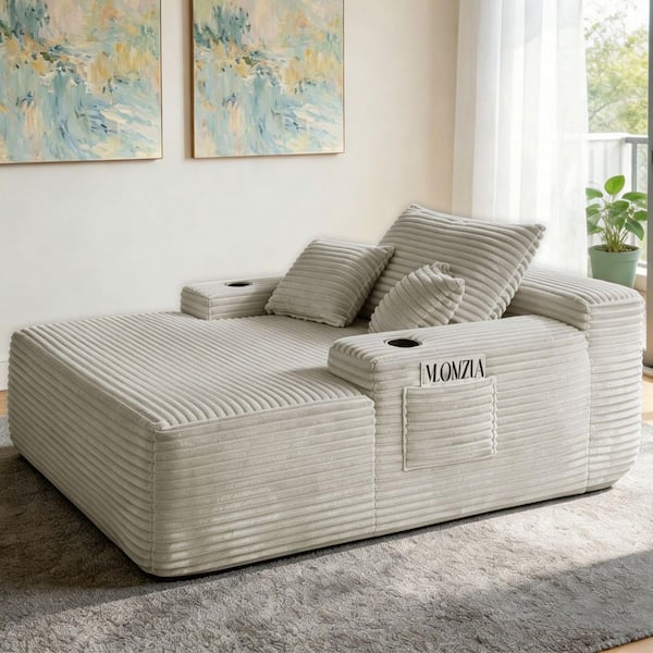 Seafuloy Beige Plush Fur Chaise Lounge with Cup Holder, Sofa Bed