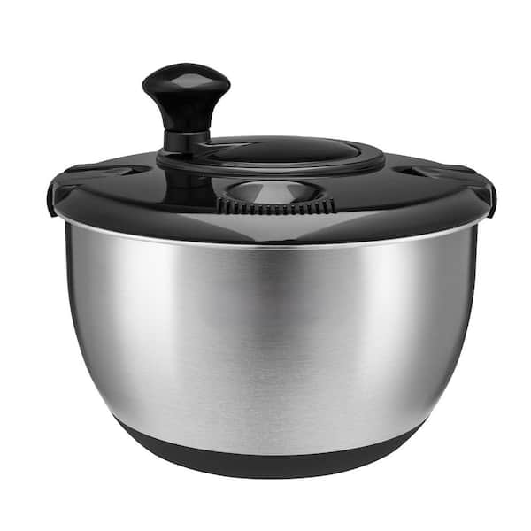 Stainless Steel Salad Spinner with Crank Design, BPA-Free, Non-Slip Base, Dishwasher Safe - Black Lid