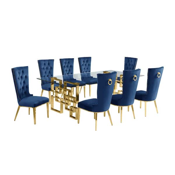 Best Quality Furniture Dominga 9-Piece Rectangular Glass Top Gold Stainless Steel Dining Set with 8 Navy Blue Velvet Gold Stainless Steel Chair