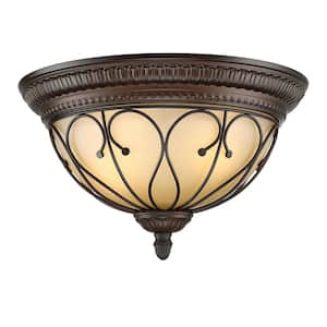 2-Lights Semi Flush Mount with Clear Glass, a Painted Woodgrain Finish, 2*E26