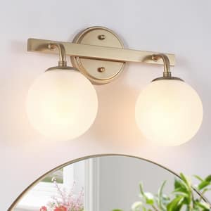 14.2 in. 2-Light Dark Gold Vanity Light with Frosted Glass Shades