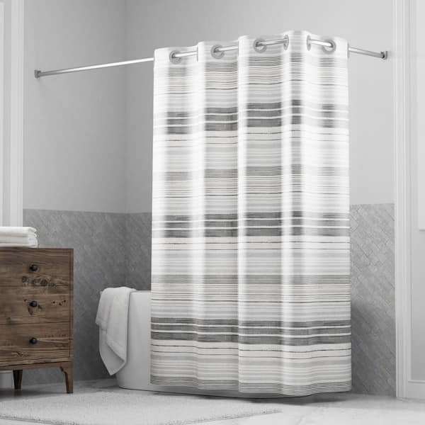 Hookless Faux Silk Shower Curtain with Flex-on Rings and It's a Snap! Fabric Liner, 71" W x 74" L, Stripe, Gray