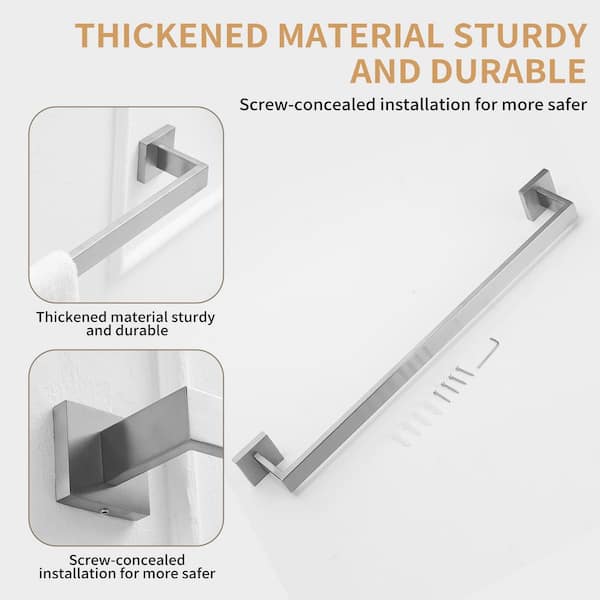 24 in. Modern Square Wall Mounted Single Bathroom Towel Bar Holder Rack Bath Accessories Hanger in Brushed Nickel