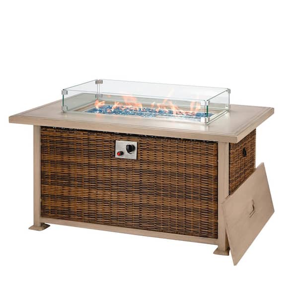Cesicia 24.8 in. H x 44 in. W 50,000 BTU Propane Fire Pit Table, Rattan Fire Pit Table with Glass Gas Firepits Brown Wicker