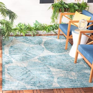 Courtyard Gray/Aqua 4 ft. x 6 ft. Border Indoor/Outdoor Patio  Area Rug