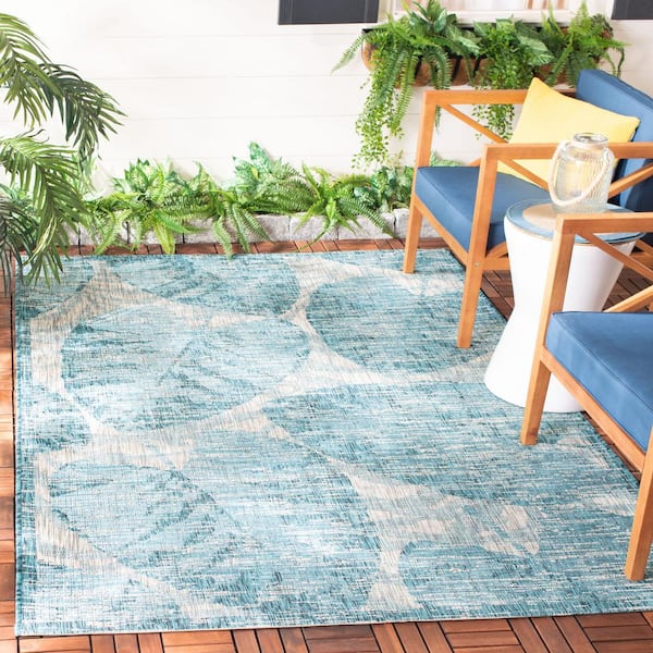Courtyard Gray/Aqua 9 ft. x 12 ft. Geometric Indoor/Outdoor Patio  Area Rug