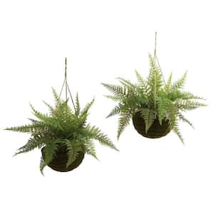 Indoor/Outdoor Leather Fern Artificial Plant with Mossy Hanging Basket (Set of 2)