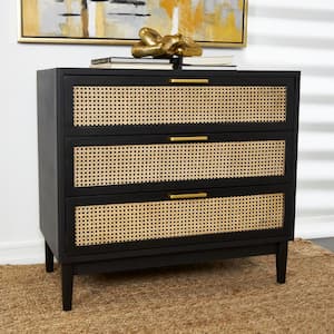 36 in. W Black Wood 3 Drawer Cabinet with Cane Front Drawers and Gold Handles